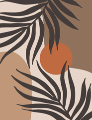 Abstract landscape with geometric shapes, sun, tropical leaves in mid century modern style.