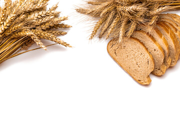 Rustic rye. Fresh loaf of rustic traditional bread with wheat grain ear or spike plant isolated on white background. Bakery with crusty loaves and crumbs. Design element for bakery product label.
