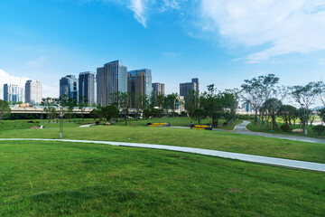 Fototapeta na wymiar city park with modern building background in shanghai