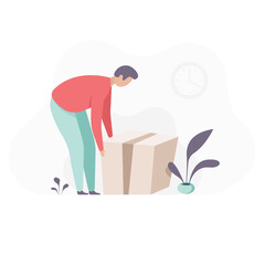 Man lifting cardboard boxes. a man picks up a box from the floor. flat illustration. big package in a box Vector illustration