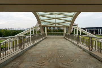 Inside of a modern overhead pedestrian bridge