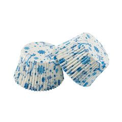 White paper baking forms for muffins and cupcakes with New Year snow pattern