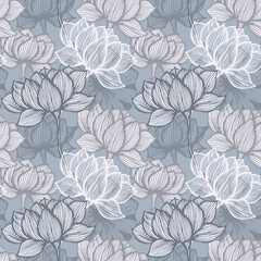 Flower line art. Vector floral background. Blue and grey art deco flower pattern. Vector illustration