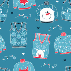 Ugly sweaters and vests Christmas and New Year seamless pattern. Line objects. Blue, red and white palette. Cute vector background for design wrapping paper, invitation, card, gift, fabric, wallpaper.