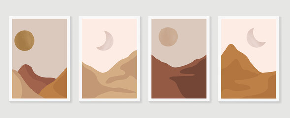 Mountain and landscape wall arts collection. Abstract art with land, desert, home, way, sun, sky. Design for wall art home decoration, prints, digital and smart phone wallpaper, fabric and background
