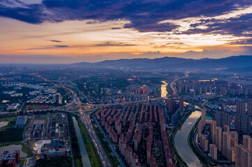 Cityscape and sunset at evening time in China