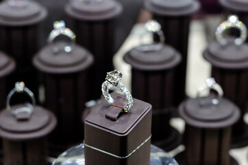 Luxury diamond engagement ring for sale in the jewelry store.