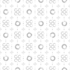 Seamless modern pattern with gray hand drawn circles and pluses isolated on white background. Abstract monochrome illustration. 