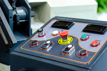 Industrial control panel with buttons, key and switch