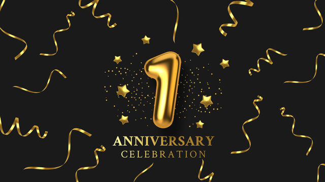 1th Anniversary celebration. Number in the form of golden balloons. Realistic 3d gold numbers and sparkling confetti, serpentine. Horizontal template for Birthday or wedding event. Vector