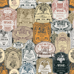 Seamless pattern with ornate hand-drawn wine labels in baroque style. Repeating vector background on the theme of wine and wineries. Suitable for vintage Wallpaper, wrapping paper, fabric