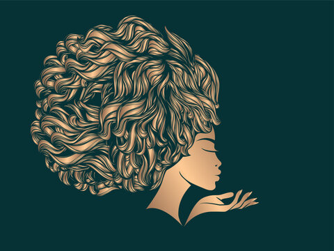 Hair salon and beauty studio illustration.Beautiful African woman with curly Afro hairstyle, elegant makeup and manicure.Young lady.Hairdresser and cosmetics logo.Luxury,glamour portrait.Female head.