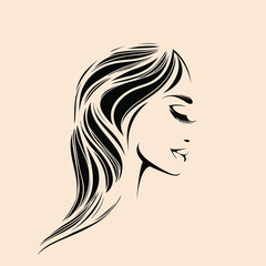 Hair salon and beauty studio illustration.Long, wavy hairstyle woman with elegant makeup.Cosmetics and spa icon.Young lady portrait.Beautiful model face.Luxury,glamour style.Profile view.