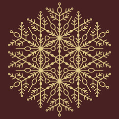 Round vector golden snowflake. Abstract winter ornament. Golden snowflake
