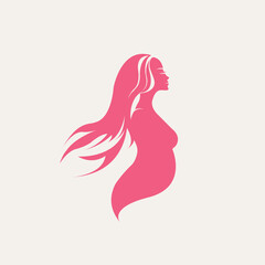 Beautiful pregnant lady with long, wavy hair.Mother vector icon.Maternity illustration isolated on light background.Trendy woman.Red color illustration.Profile view.