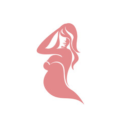 Beautiful pregnant lady with long, wavy hair.Mother vector icon.Maternity illustration isolated on light background.Trendy woman.Red color illustration.