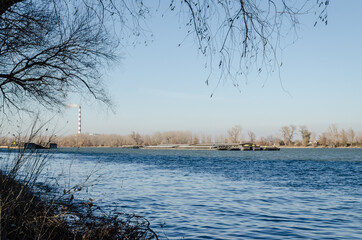 Anchored tankers on the Danube River in Petrovaradin, Novi Sad, Serbia 