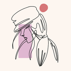 Abstract one line woman. A girl in a hat contour drawing. Modern minimal art illustration. Elegant continuous line poster.