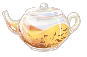 illustration of a glass teapot with brewed tea, with tea leaves floating in the water.