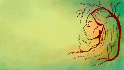 Fototapeta na wymiar illustration banner with abstract girl, green, yellow. Linearly drawn girl with hair-branches, with foliage. A symbol of naturalness and purity of nature.