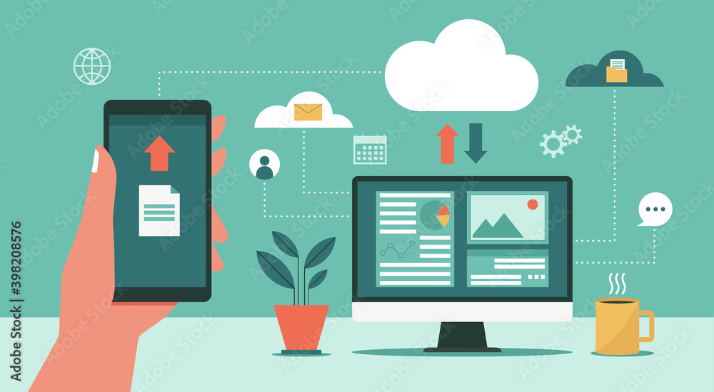 Poster Human hand holding smartphone uploading file data information in database on cloud computing technology network and connecting to computer, vector flat illustration