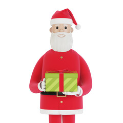 Happy Santa Claus character with gift box. For Christmas cards, banners and labels. 3D illustration in cartoon style.