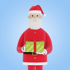 Happy Santa Claus character with gift box. For Christmas cards, banners and labels. 3D illustration in cartoon style.