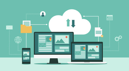 Cloud computing technology network with computer monitor, laptop, and mobile phone, Online devices upload, download information, data in database on cloud services, vector flat illustration