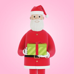 Happy Santa Claus character with gift box. For Christmas cards, banners and labels. 3D illustration in cartoon style.