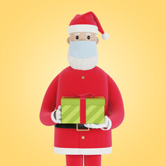 Santa Claus in a mask with a gift box. For Christmas cards, banners and labels. 3D illustration in cartoon style.