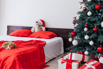 Bedroom bed new year holiday interior Christmas tree decor gifts