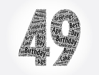 Happy 49th birthday word cloud, holiday concept background