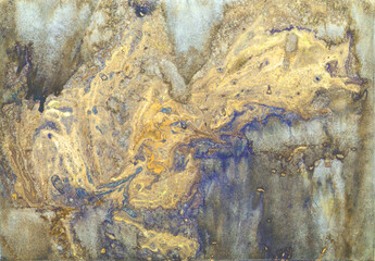 Fototapeta na wymiar beige gray gold mustard yellowpurple blue lilac paint in monotype technique, abstract texture background for your design Imitation marble, granite. Paper marbling aqueous surface design, unique marble