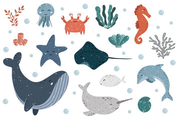Cute childish hand drawn in Scandinavian style marine collection: jellyfish, crab, seahorse, seaweed, starfish, rays, shell, coral, dolphin, fish, whale, narwhal and water bubbles.
