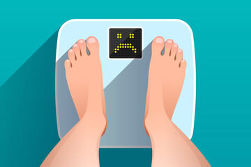 Feet of woman standing on bathroom scales with unhappy face on display - obrazy, fototapety, plakaty