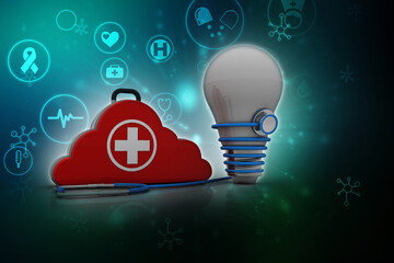 3d rendering First aid kit in cloud near Stethoscope connected cfl bulb 
