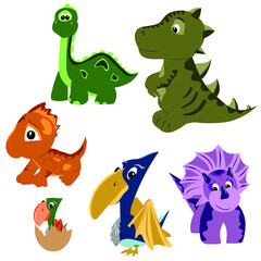 illustration dinosaurs tirex, triceratops, brachiosaurus, lizard, pterodactyl