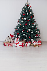 New Year's Happy Christmas Tree decor presents interior postcard