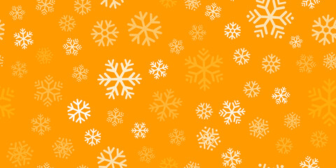 White snowflakes seamless pattern, orange background. Flying snow. Winter abstract Christmas and new year backdrop. Vector illustration.