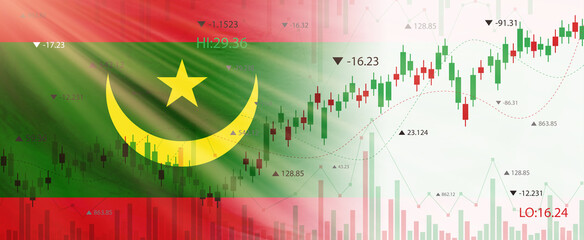 Creative (Mauritania) flag banner with stock exchange market ,Graph chart of stock market investment world trading.