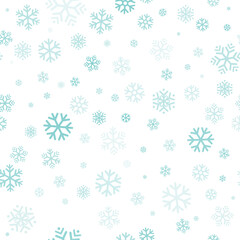 Turquoise snowflakes seamless pattern, white background. Flying snow. Winter abstract Christmas and new year backdrop. Vector illustration.