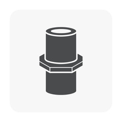 Female pvc plastic nipple threaded pipe fitting NPT vector icon. Consist screw both side. Part for connection pipe in pipeline system, plumbing, drainage, vent, waste, sewage and water supply.