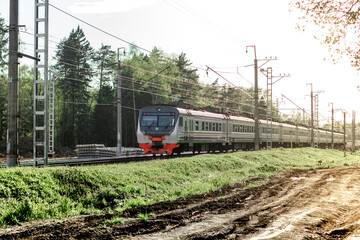 An electric train is moving slowly along the railway tracks through the forest on field