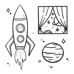 Obraz na płótnie Canvas Set, collection of vector doodle, hand drawn space, cosmos icons. Rocket, planet, stars, outer space view design elements. 