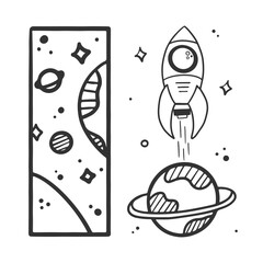 Set, collection of doodle, hand drawn space, cosmos icons. Planet, rocket launch and outer space view vector design elements.
