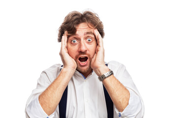 A man with red hair in a white shirt is shocked. Isolated on white background.