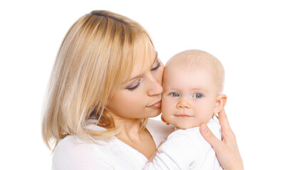 Portrait of happy smiling mother and cute little baby over a white background