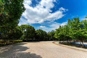 Empty square floor and green forest natural landscape