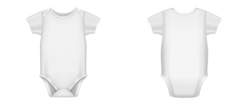 White baby bodysuit, infant romper with short sleeves front and back view. Vector realistic mockup of blank cotton clothes for kids, newborn body suit isolated on white background