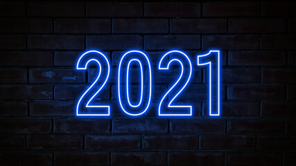 2021 - blue neon light word on brick wall background